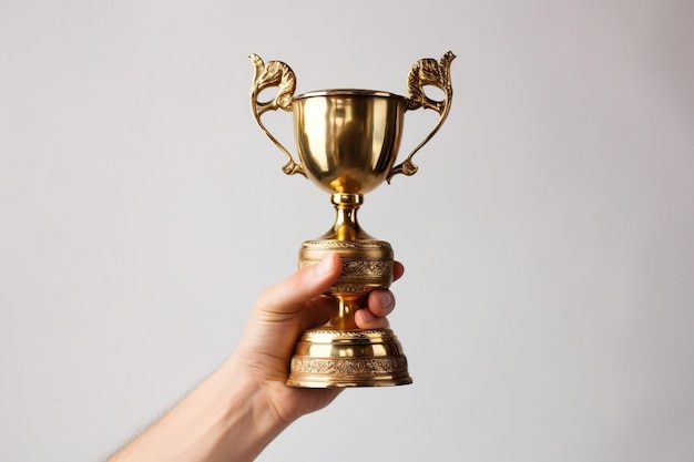 Hand Holding Up Gold Trophy Isolated on a Transparent Background AI