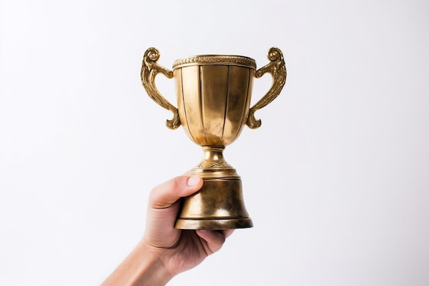 Hand Holding Up Gold Trophy Isolated on a Transparent Background AI