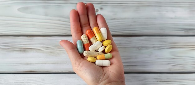 Photo hand holding various pills and supplements