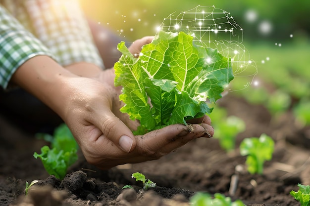 Hand holding vegetable concept for Organic farming in the future when farmers use technology and ai