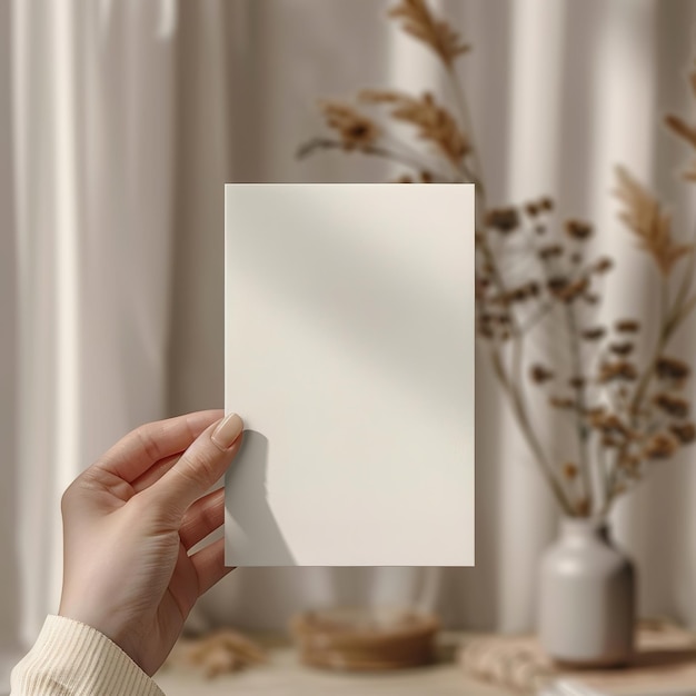 Hand holding a vertical blank card with a warm cozy background and dried flowers