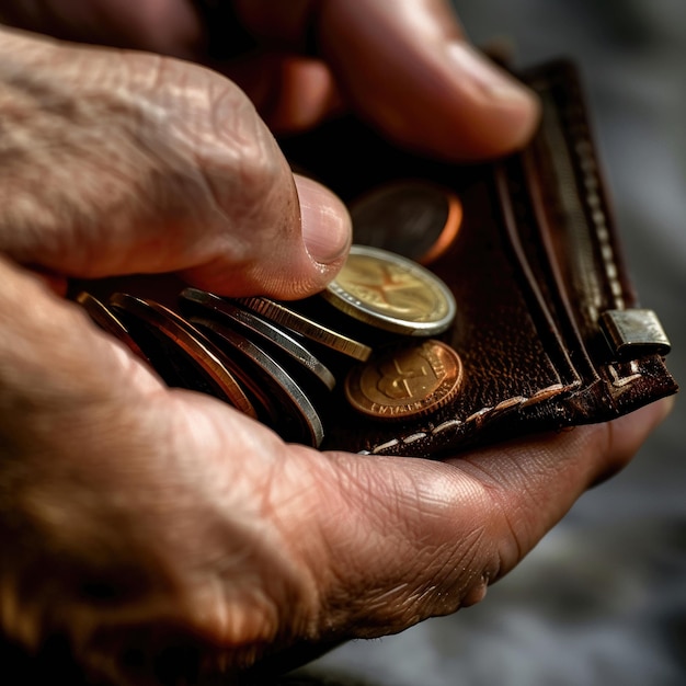 Hand holding a wallet with only a few coins closeup on the issue of debt realistic stark background