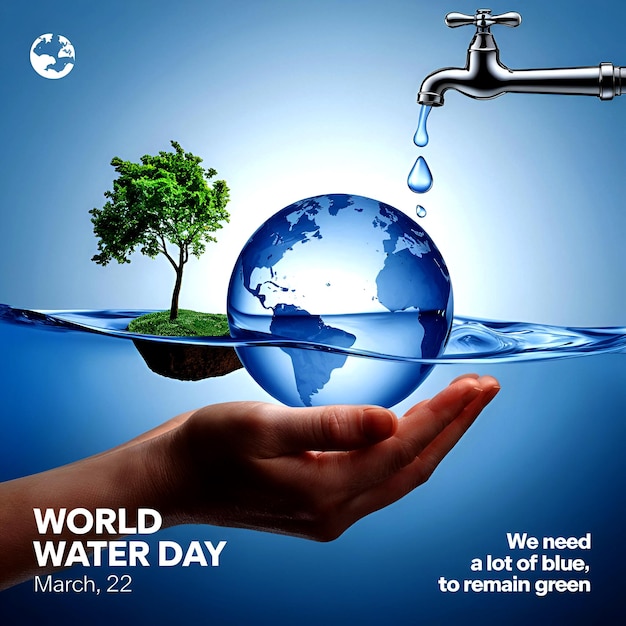 A Hand Holding a Water Globe with a Flowing Faucet Tree Slogans for World Water Day AIgenerated