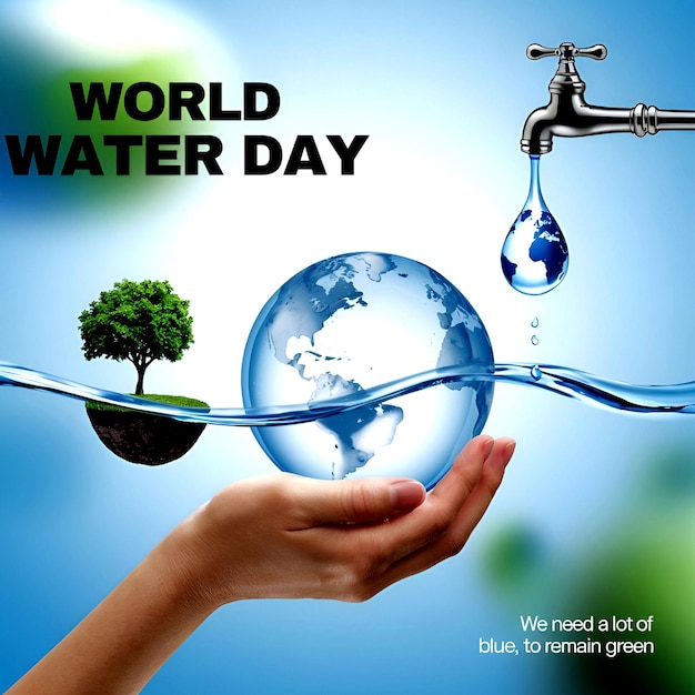 A Hand Holding a Water Globe with a Flowing Faucet Tree Slogans for World Water Day AIgenerated