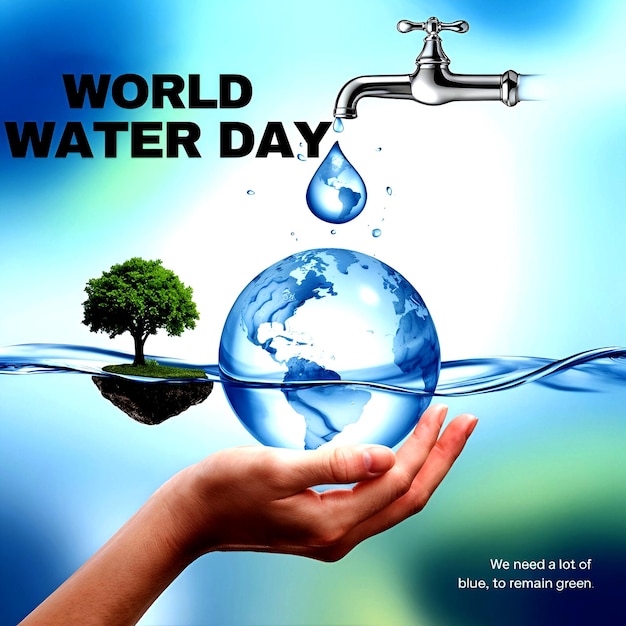 A Hand Holding a Water Globe with a Flowing Faucet Tree Slogans for World Water Day AIgenerated