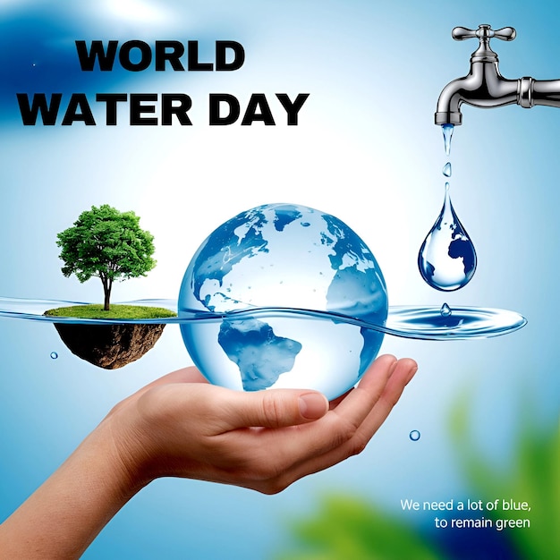 A Hand Holding a Water Globe with a Flowing Faucet Tree Slogans for World Water Day AIgenerated