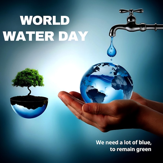 Photo a hand holding a water globe with a flowing faucet tree slogans for world water day aigenerated