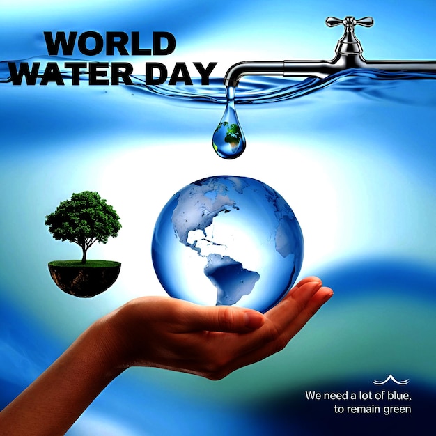 Photo a hand holding a water globe with a flowing faucet tree slogans for world water day aigenerated