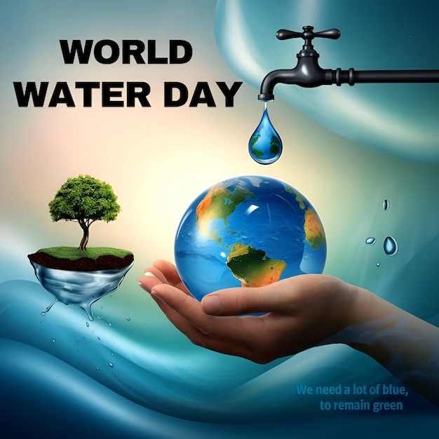 Photo a hand holding a water globe with a flowing faucet tree slogans for world water day aigenerated