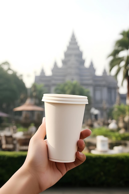 a hand holding a white ceramic cup of coffee in front of coffee shop