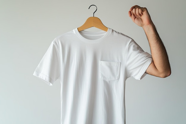 Photo hand holding white color tshirt with pocket hanging on a clothes hanger mockup tees