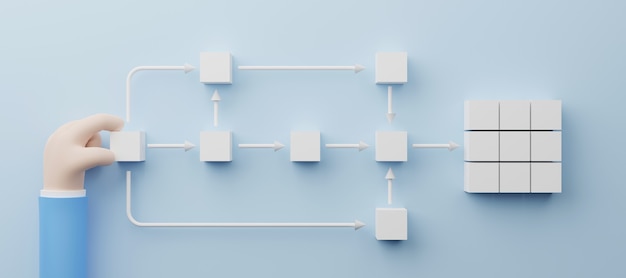 Hand holding white cube arranging processing management 3d render