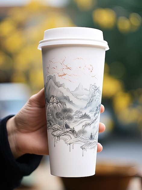 Photo a hand holding a white cup with a drawing of a mountain on it