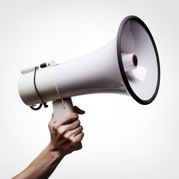 A hand holding a white megaphone against a white background.