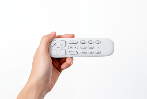 Photo hand holding white remote control with buttons on white background