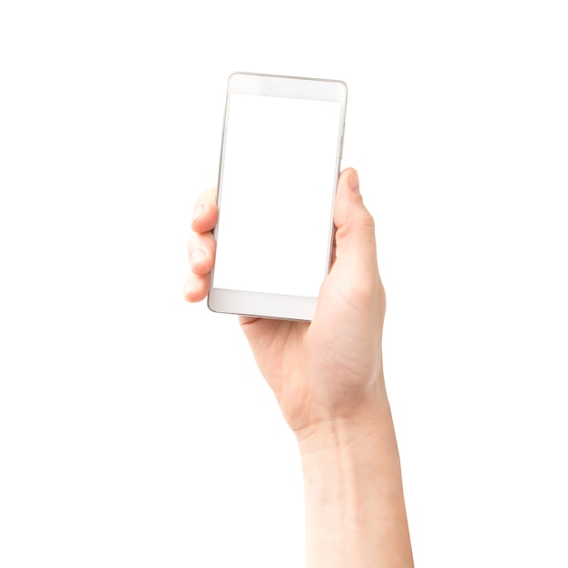 Hand holding white smartphone with isolated white background screen