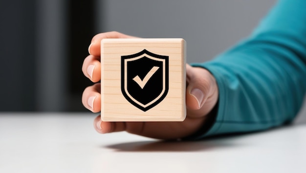 Photo a hand holding a wooden block with a shield and checkmark symbol