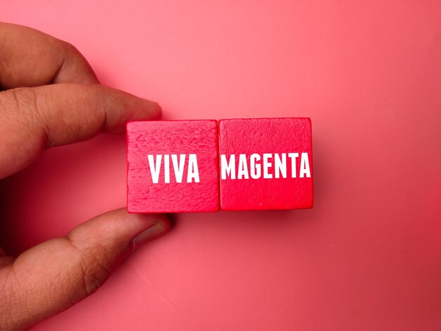 Hand holding wooden cube with word VIVA MAGENTA