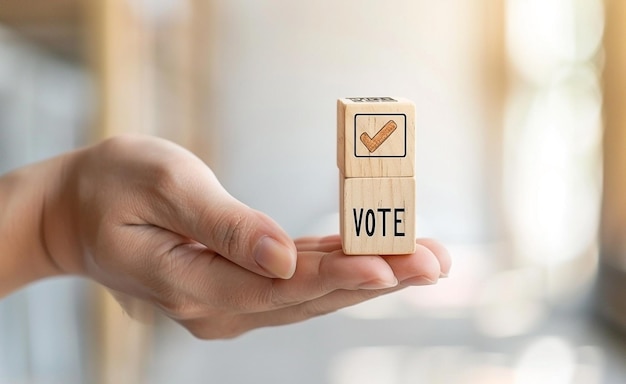 Photo hand holding wooden cubes with vote and check mark