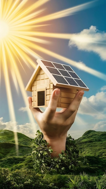 A hand holding a wooden house against the sky and the sun in nature