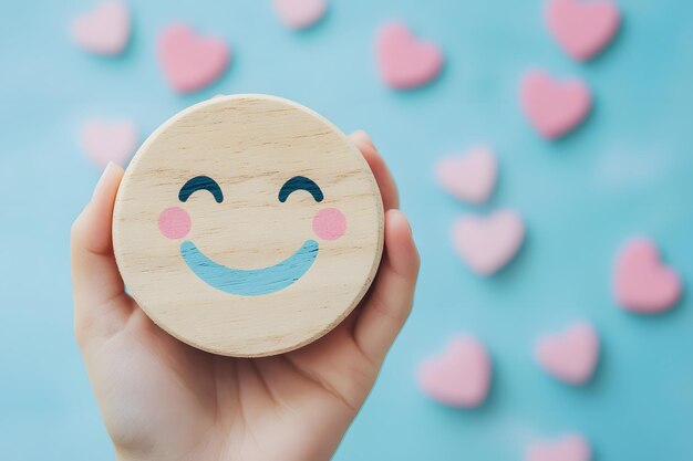 Photo hand holding wooden smiley face with pink hearts on blue background happiness and love concept