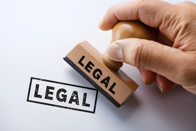 Hand holding a wooden stamp with the word LEGAL poised to imprint on a white surface