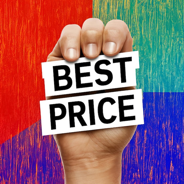 Photo hand holding the words best price closeup colorful background behind