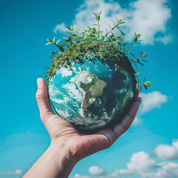 Photo a hand holding a world globe with a tree growing on it