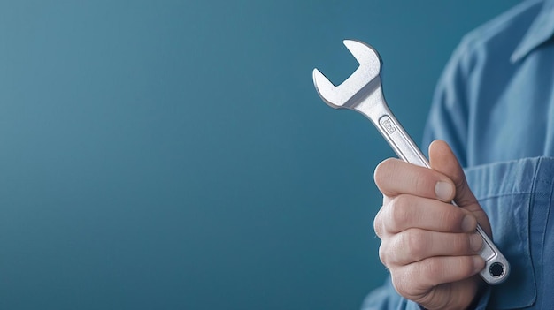 Photo hand holding a wrench against a blue background