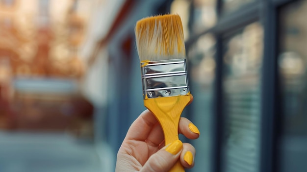 Photo a hand holding a yellow brush with yellow paint on it