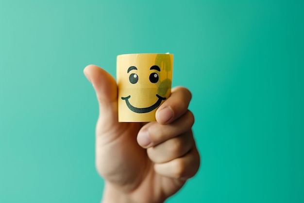 A hand holding a yellow paper smiley face with a smiley face on it.