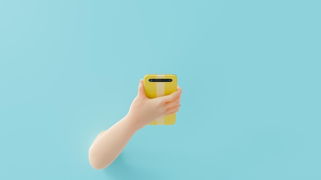 Hand holding yellow smartphone on blue background. minimal idea concept, 3d render.