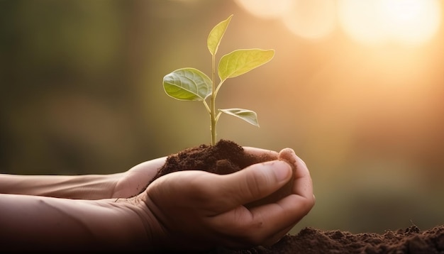 Hand holding young plant on blur green nature background and sunlight Generative ai