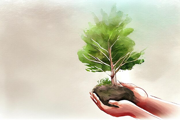 Hand holding young tree for planting concept eco earth day watercolor oil painting Generative Ai