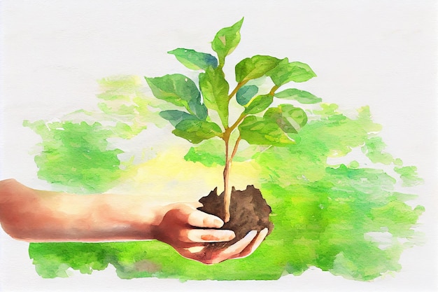 Hand holding young tree for planting concept eco earth day watercolor oil painting Generative Ai