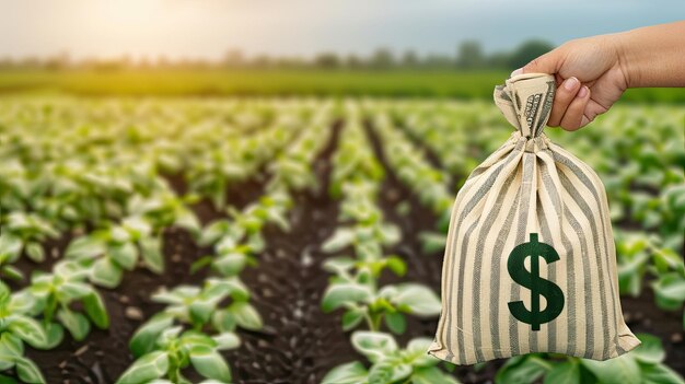 Photo a hand holds a bag of money with a dollar sign printed on it in front of a field of green crops