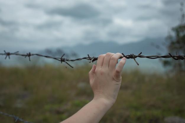 A hand holds on to barbed wire against a stormy sky man seeks freedom behind the fence