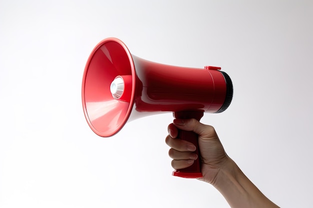 The hand holds a blue megaphone on a red background Announcement concept