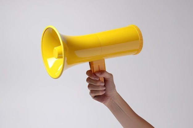 The hand holds a blue megaphone on yellow background Announcement concept Shout It Out