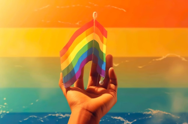 A hand holds a boat with a rainbow flag on it.