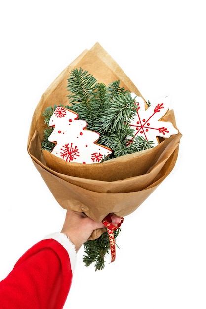 A hand holds a bouquet of branches from a Christmas tree and two gingerbread cookies.Isolated