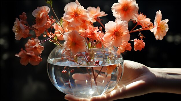 A hand holds a bowl of flowers with water in it.