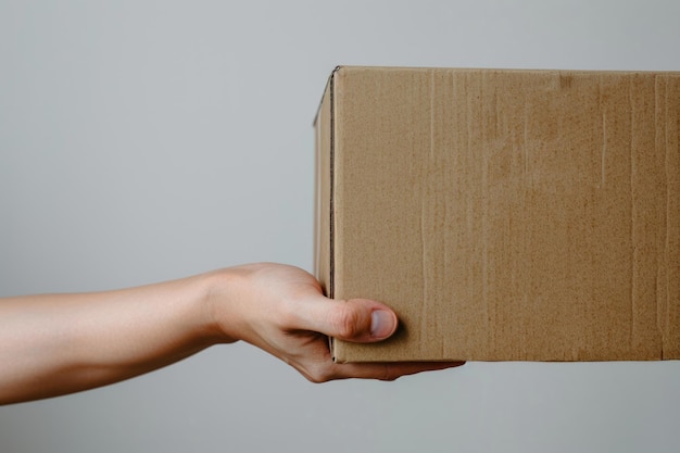 hand holds a brown cardboard box of paper on a white isolated background close up