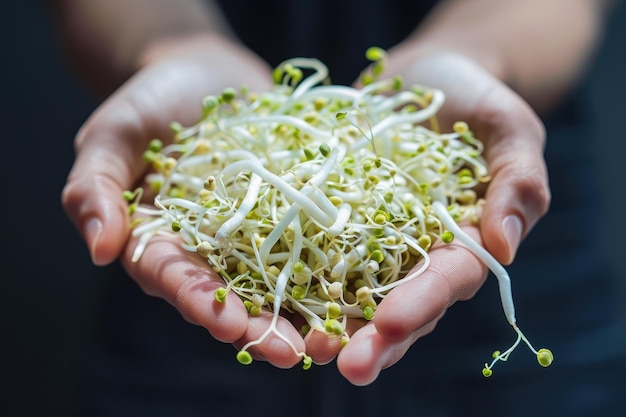 Photo a hand holds a bunch of fresh green bean sprouts