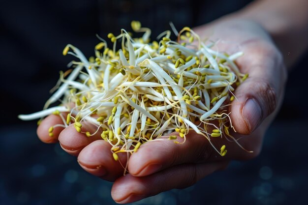 Photo a hand holds a bunch of fresh vibrant bean sprouts