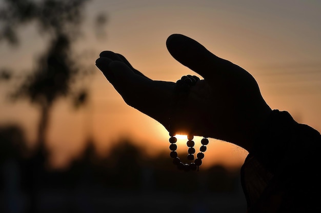 a hand holds a bunch of grapes in front of a sunset