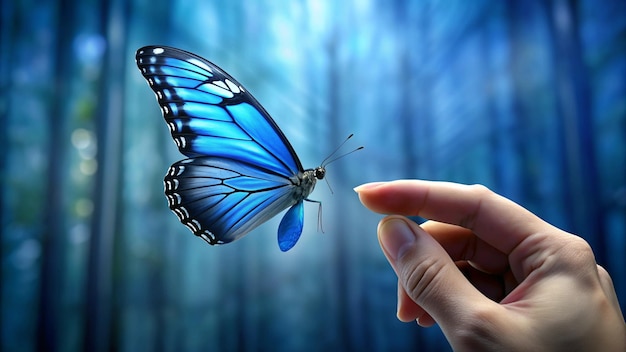 a hand holds a butterfly that is blue