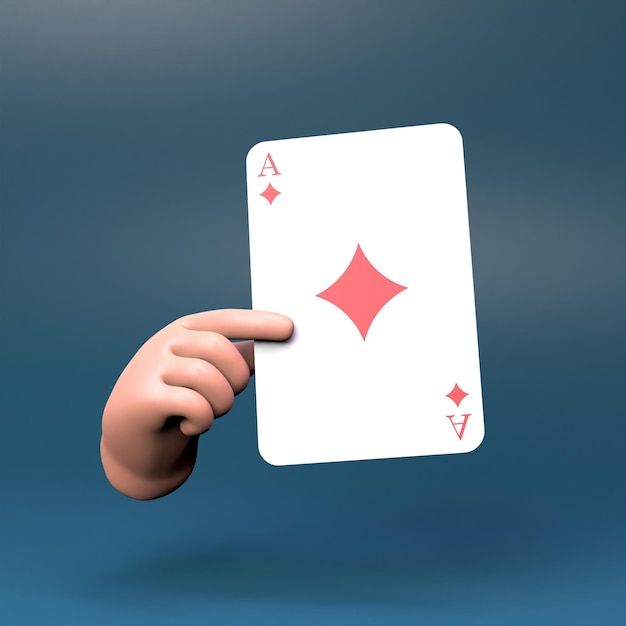 The hand holds a card with a diamond suit Casino element 3d render illustration