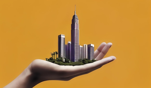 a hand holds a city in the palm of a hand