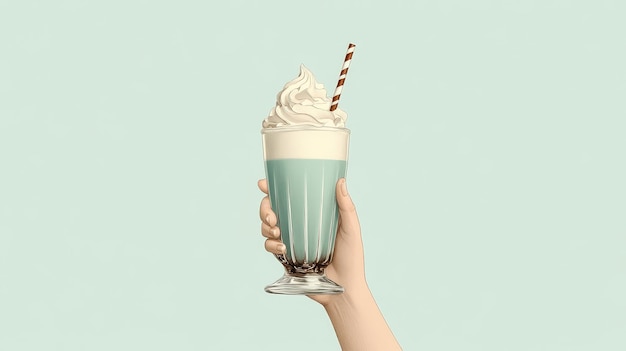 Photo a hand holds a classic milkshake with whipped cream and a straw against a light blue backdrop